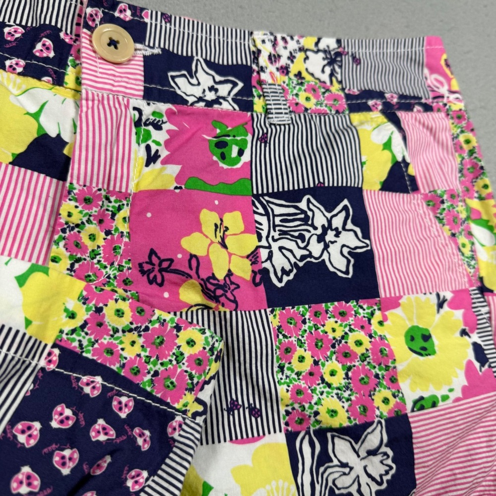 Lilly Pulitzer Patchwork Floral Striped Cotton Shorts Pink Yellow Navy Womens 8